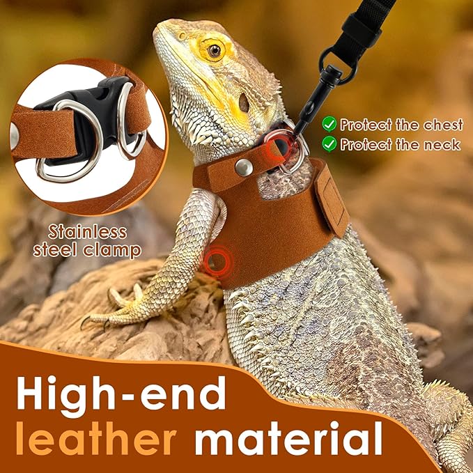 3 Pcs Bearded Dragon Harness and Leash Set, 3 Sizes Adjustable Soft Leather Lizard Harness with Leash, Small Animal Traction Rope Training Walking Vest for Bearded Dragon Lizard Squirrel