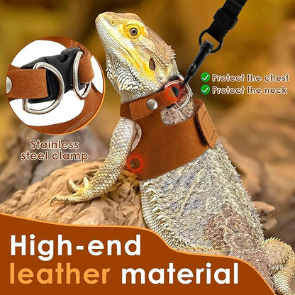 3 Pcs Bearded Dragon Harness and Leash Set, 3 Sizes Adjustable Soft Leather Lizard Harness with Leash, Small Animal Traction Rope Training Walking Vest for Bearded Dragon Lizard Squirrel