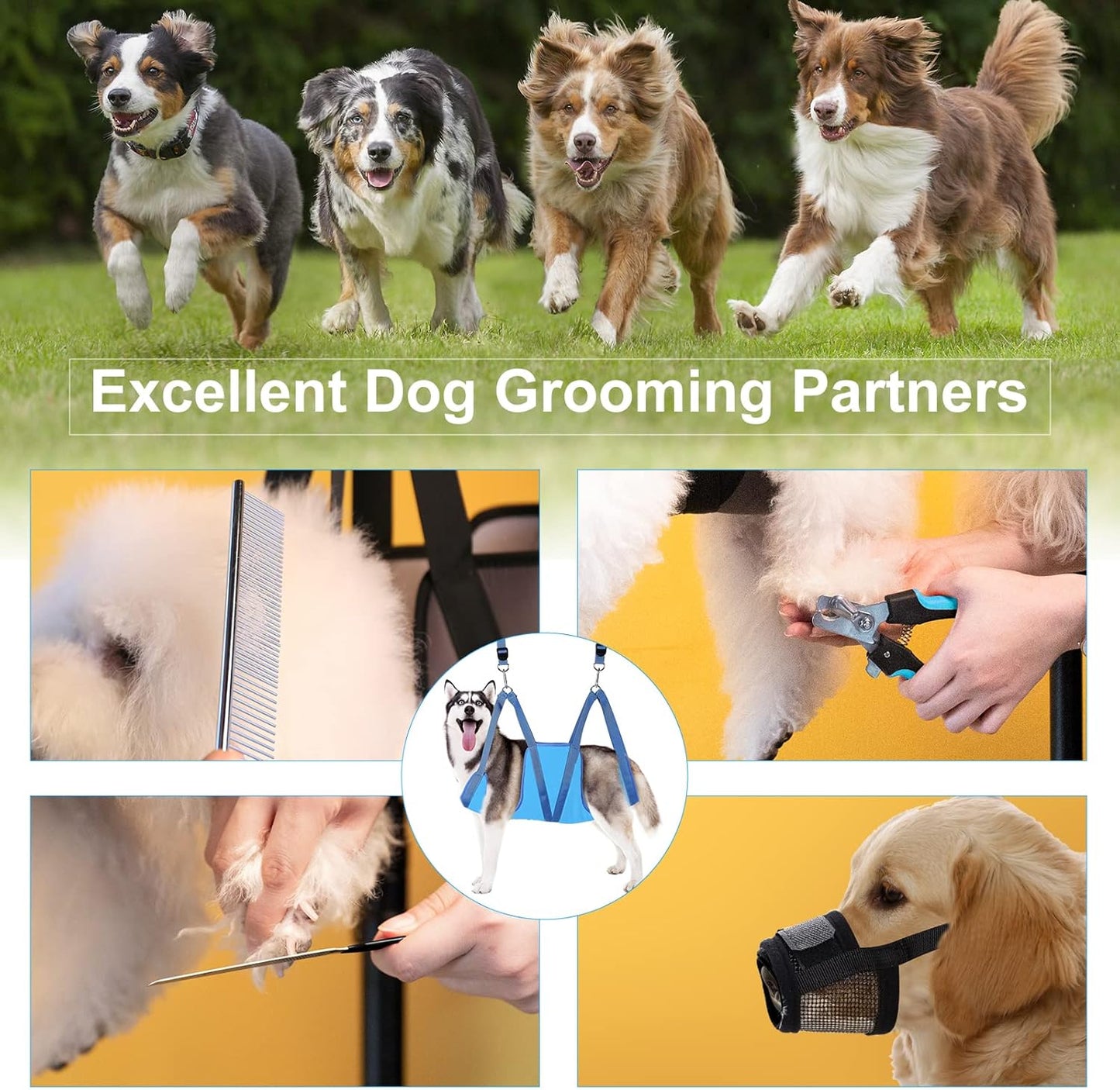 Dog Grooming Hammock, Pet Grooming Harness for Dogs&Cats, Multi Hammock Restraint Bag with Adjustable Grooming Loop/Stainless D-Hooks/Nail Clippers/Trimmer/Nail File for Pet Nail Trimming, Care (M)