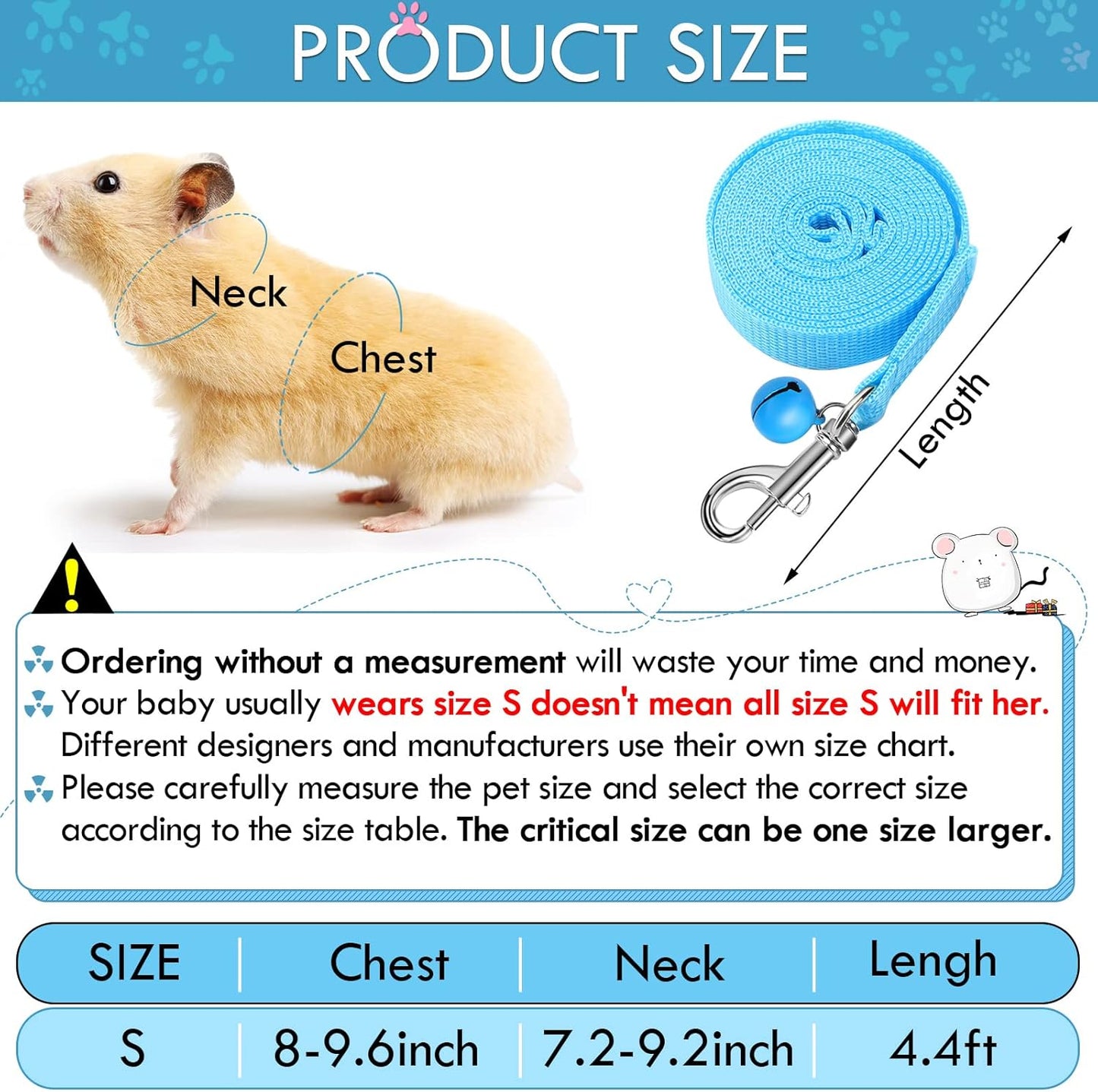 SATINIOR 2 Pieces Guinea Pig Bunny Harness Soft Mesh Hamster Rat Leash with Safe Bell, Ferret Pig Clothes and Leash Set for Hamster Ferrets Rats Bunny Guinea Chinchilla Teacup Chihuahua(S,Blue, Black)