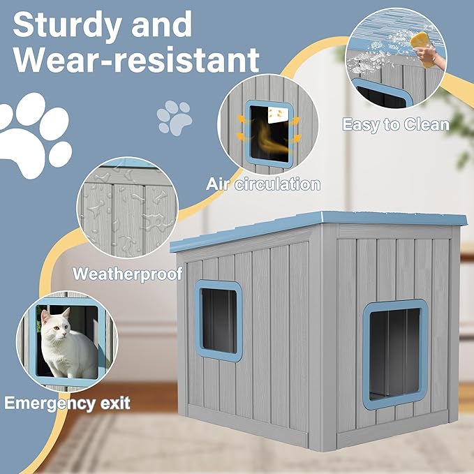 Outdoor Cat House, Cat Houses for Outdoor Indoor Cats, Clawsable Cat House Weatherproof, Feral Cat Shelter, Resin Insulated Material, Emergency Exit Easy to Clean and Install, Blue