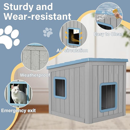 Outdoor Cat House, Cat Houses for Outdoor Indoor Cats, Clawsable Cat House Weatherproof, Feral Cat Shelter, Resin Insulated Material, Emergency Exit Easy to Clean and Install, Blue