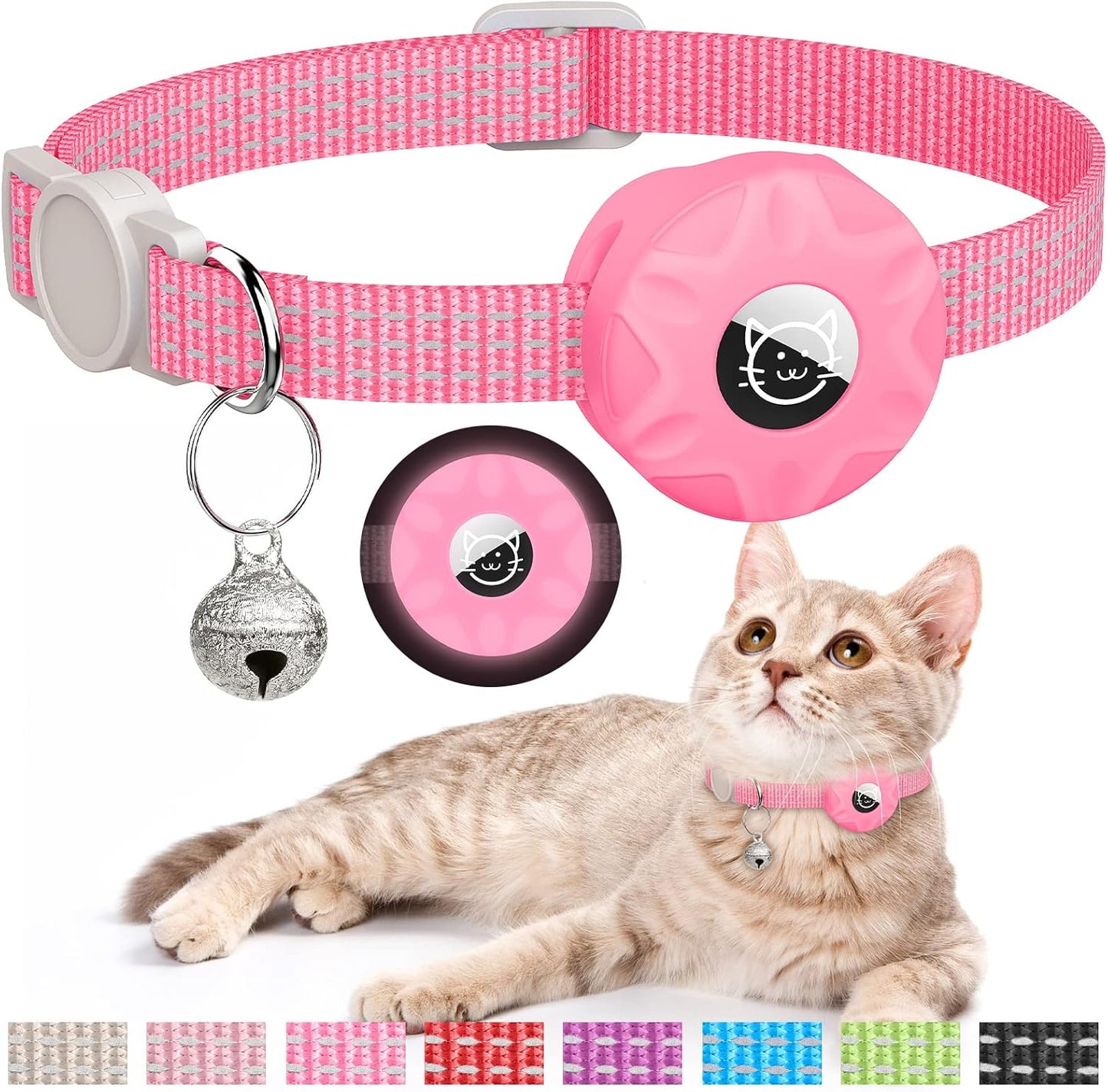 Apple AirTag Cat Collar, GPS Tracker Kitten Collar with Breakaway Feature, Lightweight and Reflective, Perfect for Girl or Boy Cats and Puppies (Luminous Pink)