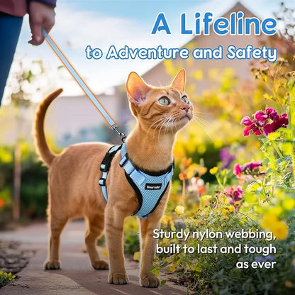 Dooradar Cat Harness and Leash Set, Escape Proof Safe Adjustable Kitten Vest Harnesses for Walking, Easy Control Soft Breathable Mesh Jacket with Reflective Strips for Cats, Light Blue, S