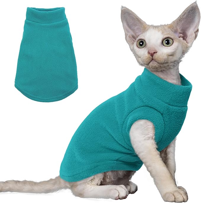 PUMYPOREITY Cat Sweater, Warm Kitten Clothes, Fleece Winter Coat for Hairless Cats, Soft Dog Fleece Vest, Cold Weather Pet Sweater for Dogs and Cats, Blue, S