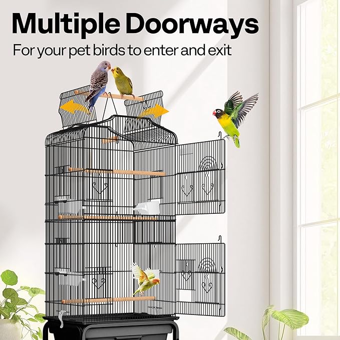 VIVOHOME 64 Inch Bird Cage with Play Top and Rolling Stand for Parrots Conures Lovebird Cockatiel Parakeets Black