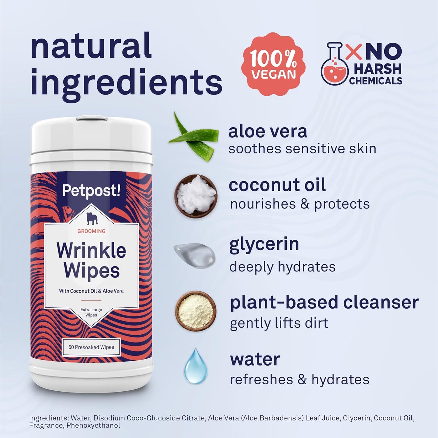 Petpost Large Wrinkle Wipes for Dogs | 60 Count 5x7 Dog Face & Wrinkle Cleaner | Gentle Pet Wipes with Coconut Oil & Aloe for Bulldogs, Pugs & Wrinkly Breeds | Dog Cleaning Wipes