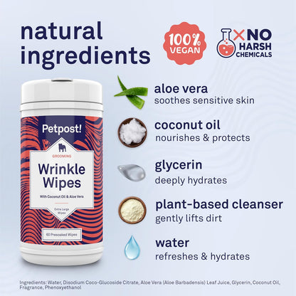 Petpost Large Wrinkle Wipes for Dogs | 60 Count 5x7 Dog Face & Wrinkle Cleaner | Gentle Pet Wipes with Coconut Oil & Aloe for Bulldogs, Pugs & Wrinkly Breeds | Dog Cleaning Wipes