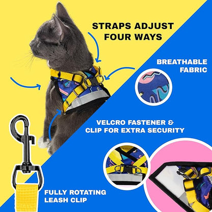 Travel Cat Harness and Leash Set - Adjustable Fit Harness and Reflective Strap - Comfort Walking Vest for Kitten for Outdoor Walking, Hiking (X-Small, 90s Cat)