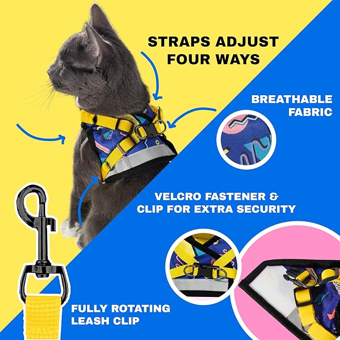 Travel Cat Harness and Leash Set - Adjustable Fit Mesh Harness and Reflective Strap - Comfort Walking Vest for Kitten for Outdoor Walking, Hiking (Large, 90s Cat)