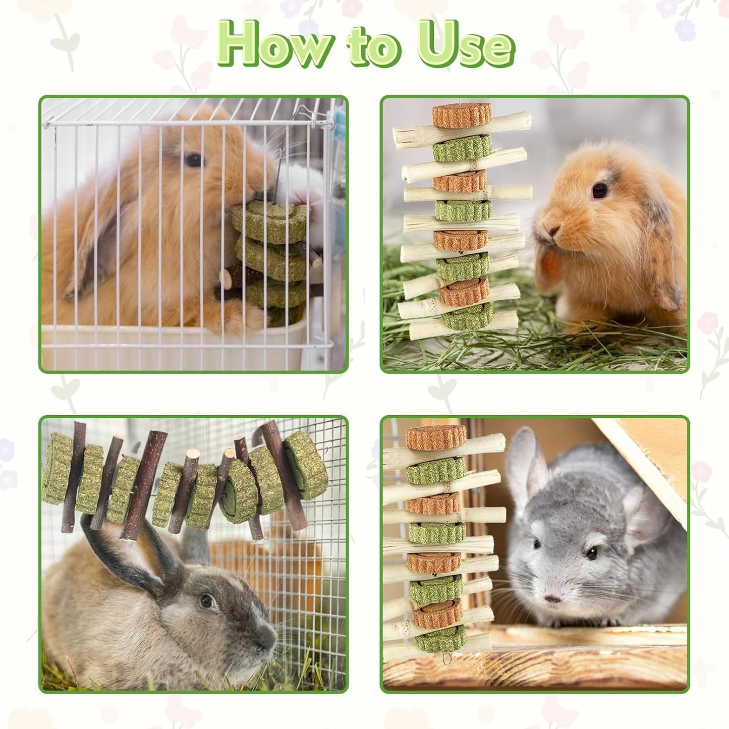 Hamiledyi 4PCS Bunny Chew Toys Rabbit Hanging Toys for Teeth Grinding Natural Apple Wood Sweet Bamboo Sticks Timothy Grass&Carrot Cake for Chewing/Improving Rodent Animals Dental Health