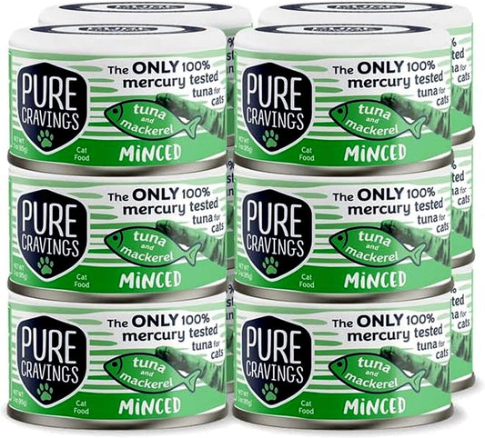 Pure Cravings Minced Tuna and Mackerel Wet Canned Cat Food, 100% Mercury-Tested Tuna, Moist Can Fish for Cats, Grain-Free, Protein, Non-GMO, 3oz, Pack of 12