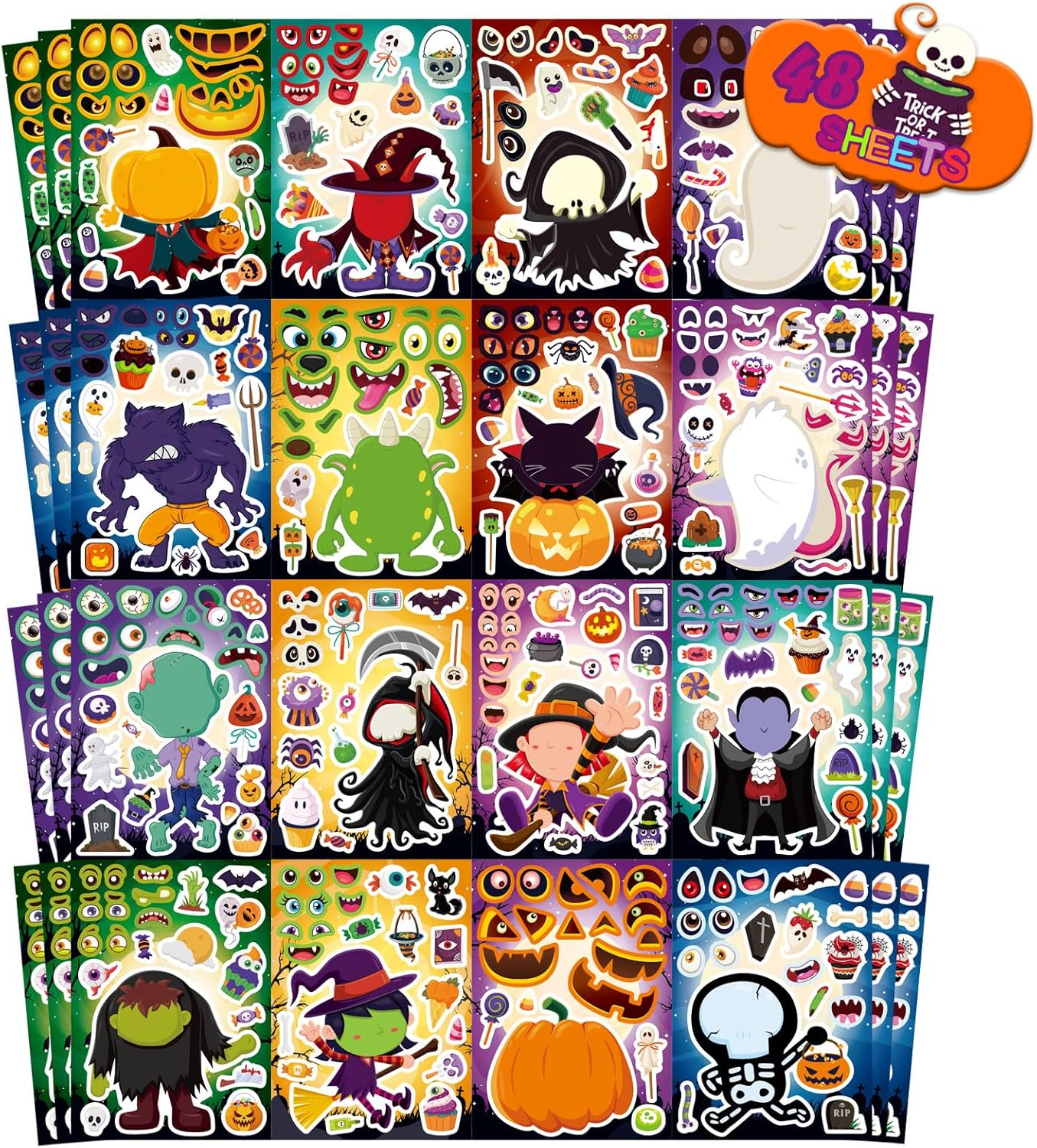 48 Sheets Halloween Make a Face Stickers for Kids, 16 Design Make Your Own Character Mix and Match Stickers Sheets Halloween Party Favor