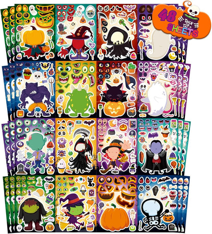 48 Sheets Halloween Make a Face Stickers for Kids, 16 Design Make Your Own Character Mix and Match Stickers Sheets Halloween Party Favor