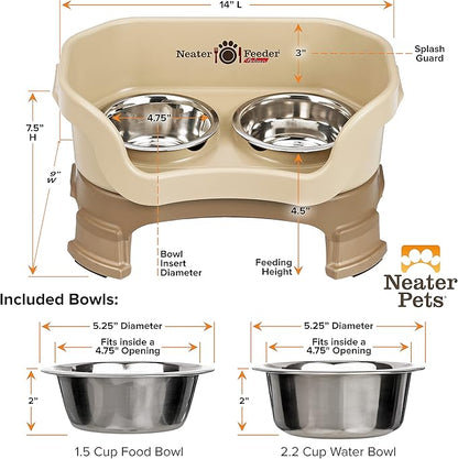 Neater Feeder Deluxe Mess Proof Dog Bowls Elevated for Small Breeds – Made in USA – No Spill Raised Dog Food Bowl Stand w/Leg Extensions – Stainless Steel Dog Food and Water Bowl Set – Beige