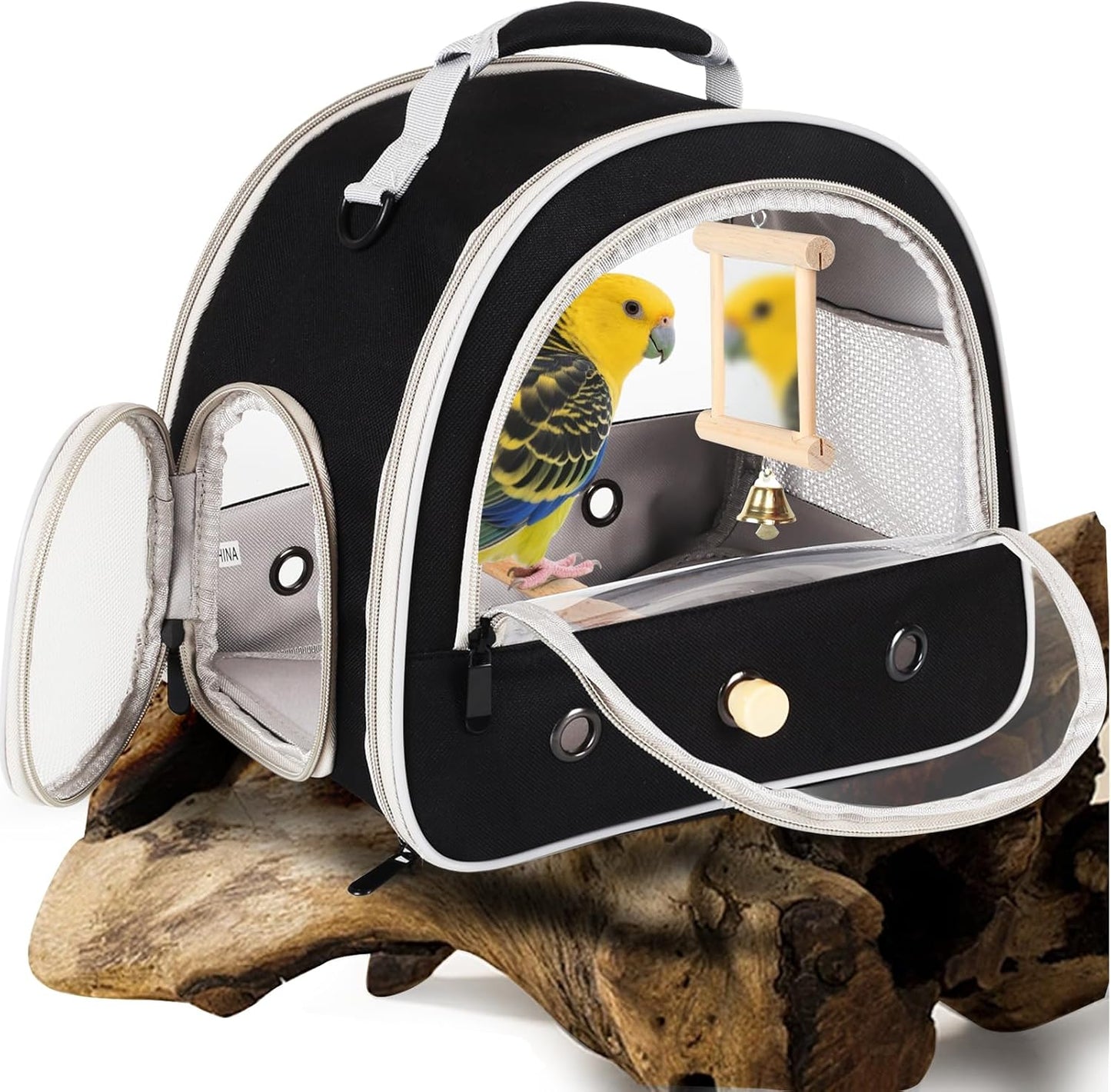 Parrot Travel Cage Carrier with Bird Cage Bells Mirror Set,Portable Small Bird Parakeet Bag with Standing Perch and Comfy Mat Bird Carry Transport Bag with Clear Window Outdoor Adventure