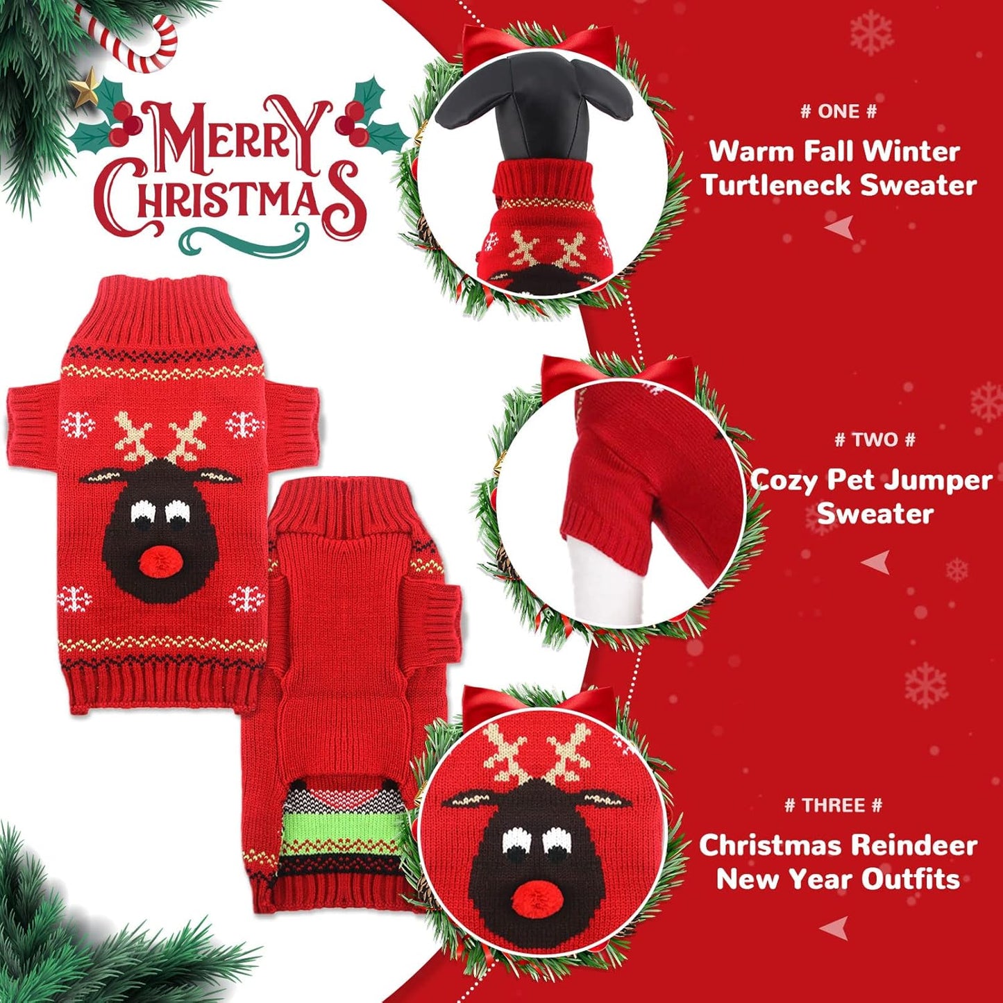 PETCARE Dog Christmas Sweater Red Ugly Funny Cute Cartoon Reindeer Cat Sweaters Jumper Holiday Dog Clothes Puppy Sweaters for Small Medium Large Dogs Fall Winter Outfits Xmas Dogs Costume,Large
