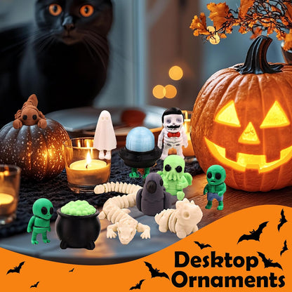 Mini 3D Printed Figurines Set for Halloween Decorations, Articulated, Flexible, and Exquisitely, Skeleton, Zombie, Alien