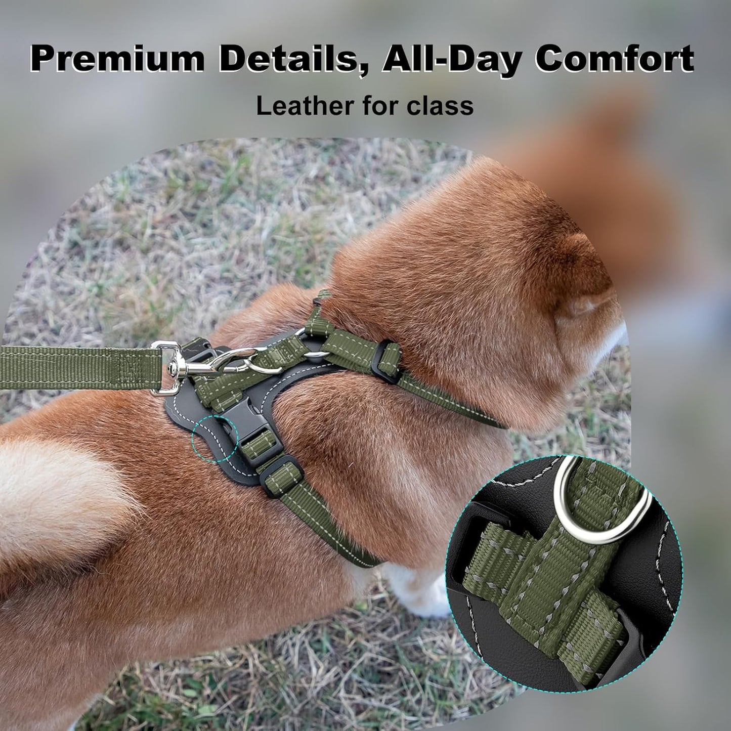 Plutus Pet Adjustable No Pull Dog Harness with Leather Accents, Heavy Duty Reflective Nylon Vest for Training, Hiking, Easy Walk Harness for Small, Medium, Large Dogs (Ranger Green, L)
