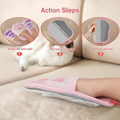 Pet Hair Removal Glove for Cats & Dogs, 2 Pcs With Hanging Hooks, Reusable Electrostatic Pet Hair Gloves, size 9.8 x 7.87 x 0.5 in, Pet Hair Glove for Clothes, Sofas, Carpets, Car Seats（Pink and gray）