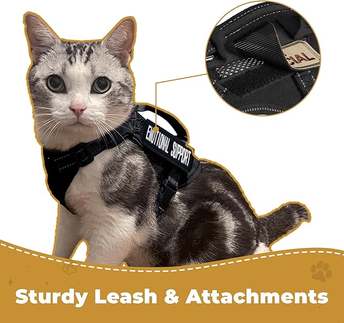 Tactical Cat Harness Adjustable Soft Padded Training Walking Esacpe Cat Vest Harness No-Pull Pet Harness Reflective with Easy Control Handle (Black, L)