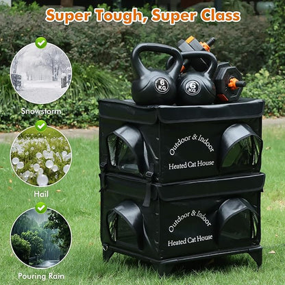 2 Story Heated Cat House for Outside, 100% Waterproof, Safe Escape Door, Elevated Base, Weatherproof Insulated Shelter for Stray Feral Barn Cat