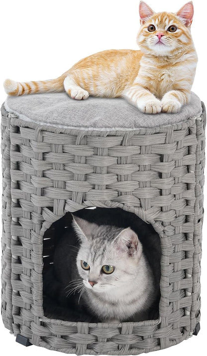 Cat House for Indoor Cat, Small Cat Houses Handwoven PE Rattan Kitten Cave, Pet Kitten Bed Covered, One Bed Pad, 13 x 13 x 13.7 Inches, Foldable Hideaway in Living Room Gray