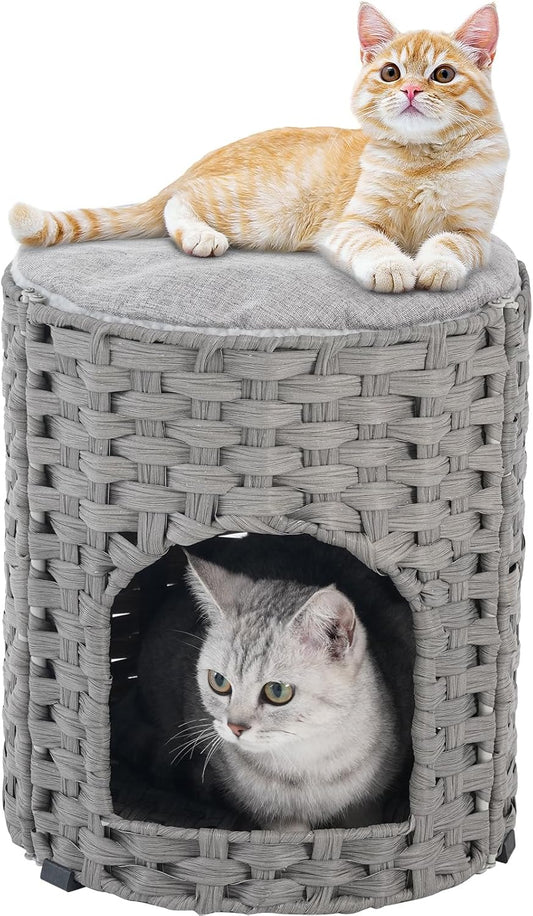 Cat House for Indoor Cat, Small Cat Houses Handwoven PE Rattan Kitten Cave, Pet Kitten Bed Covered, One Bed Pad, 13 x 13 x 13.7 Inches, Foldable Hideaway in Living Room Gray