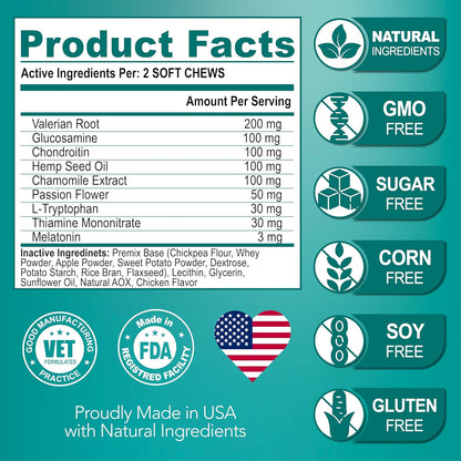 Advanced Calming Chews for Dogs - Hemp Dog Calming Chews - Anxiety Relief with Melatonin - Stress & Separation Anxiety - Sleep Aid + Hip and Joint Supplement Support - Made in USA - 70 Treats