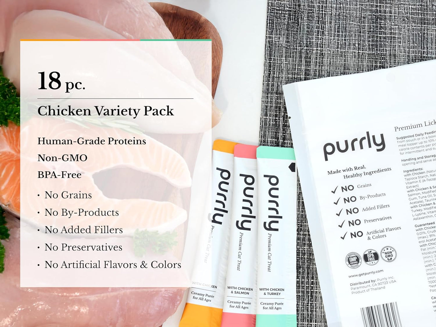 Purrly Lickable Wet Cat Treats Healthy Grain-Free Chicken Variety Pack (18 Count) Squeezable Creamy Purée with Human-Grade Protein Sources and Functional Nutrients Non-GMO No-Artificial-Additives