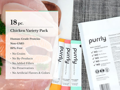 Purrly Lickable Wet Cat Treats Healthy Grain-Free Chicken Variety Pack (18 Count) Squeezable Creamy Purée with Human-Grade Protein Sources and Functional Nutrients Non-GMO No-Artificial-Additives