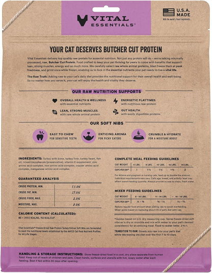 Vital Essentials Freeze-Dried Raw Turkey Meal or Mixer Cat Food Soft Nibs | 99% Turkey, Organs & Bone | 12 oz