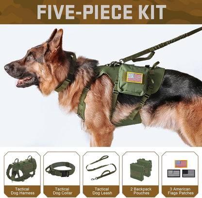 Forestpaw Tactical Dog Harness for Large Dogs,Tactical Dog Collar with Bungee Leash Set,No Pull Military Dog Harness for Walking Training,Adjustable for Medium Large Dogs,Green,Chest 15.5-25.5"