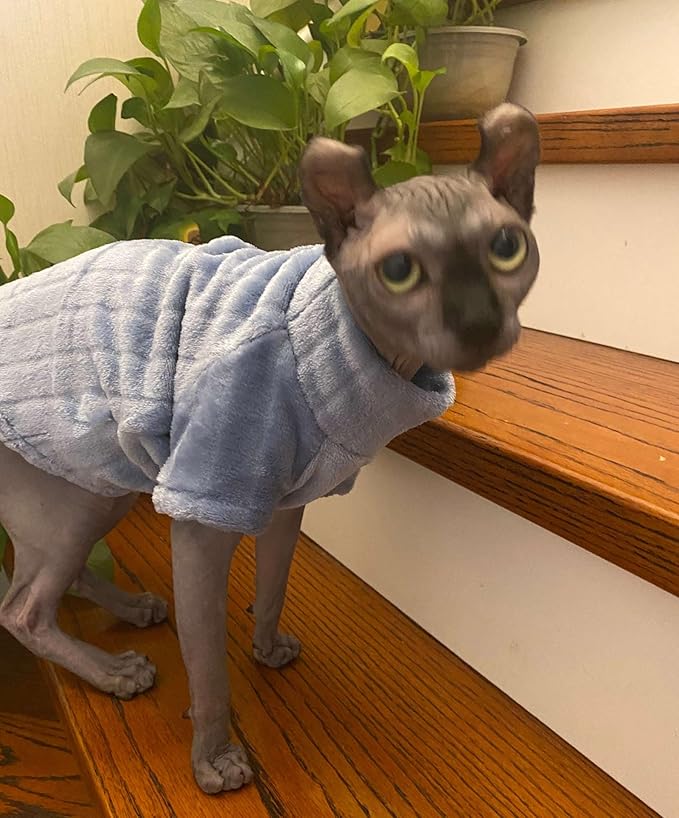 Turtleneck Sweater for Sphynx Cat Soft Coral Fleece Cat Clothes Thick Winter Warm Outfit Coat for Hairless Cats and Small Dogs Apparel with Sleeves (Blue, S (3-5 lbs))