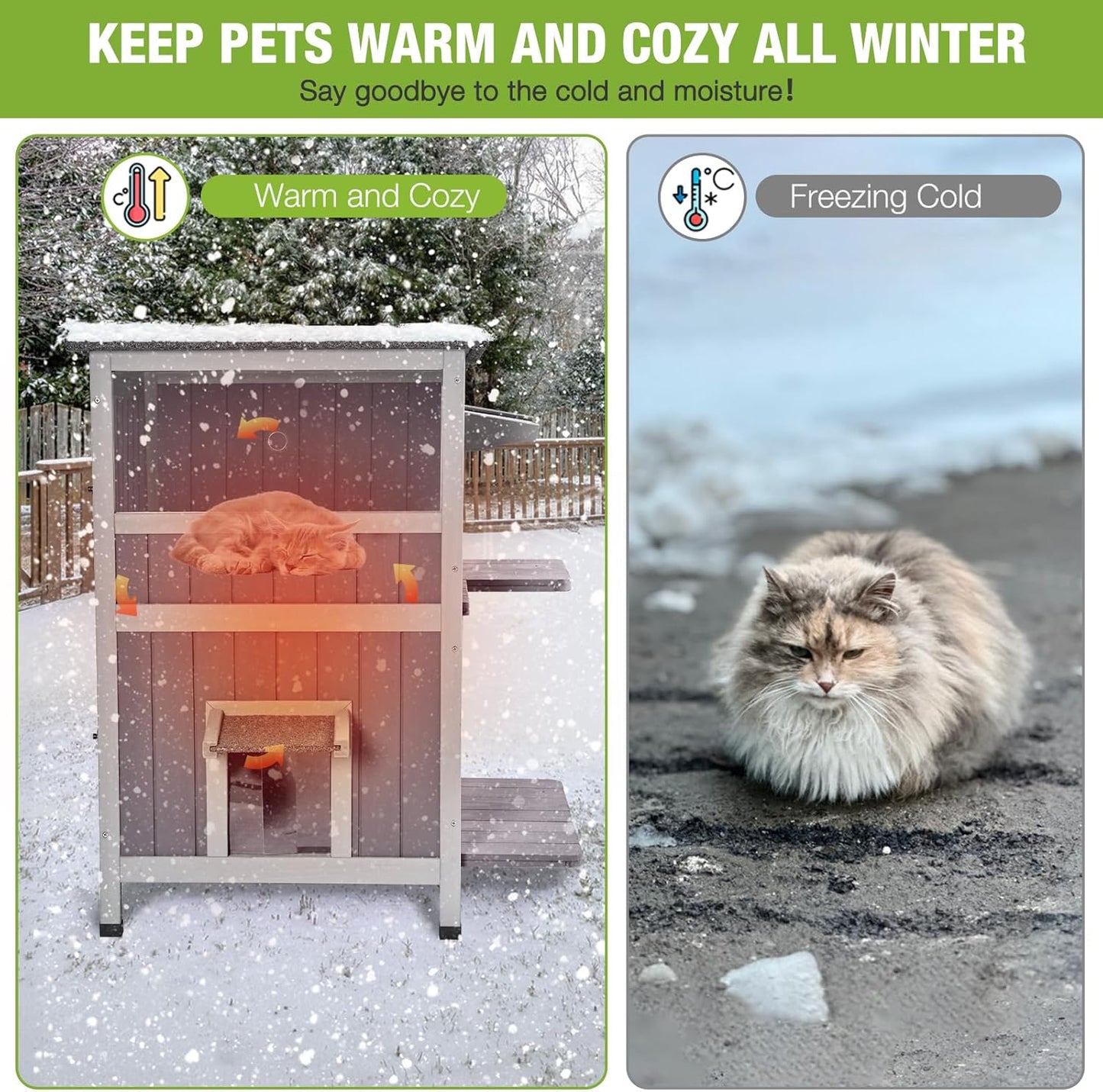 GUTINNEEN 2-Story Insulated Cat House Outdoor Large Weatherproof Outside Feral Cat Shelter Wooden Elevated Kitty Condo with Openable Roof, 2 Large Side Doors (Winter-Ready, 28" L x 22.8" D x 34.4" H)