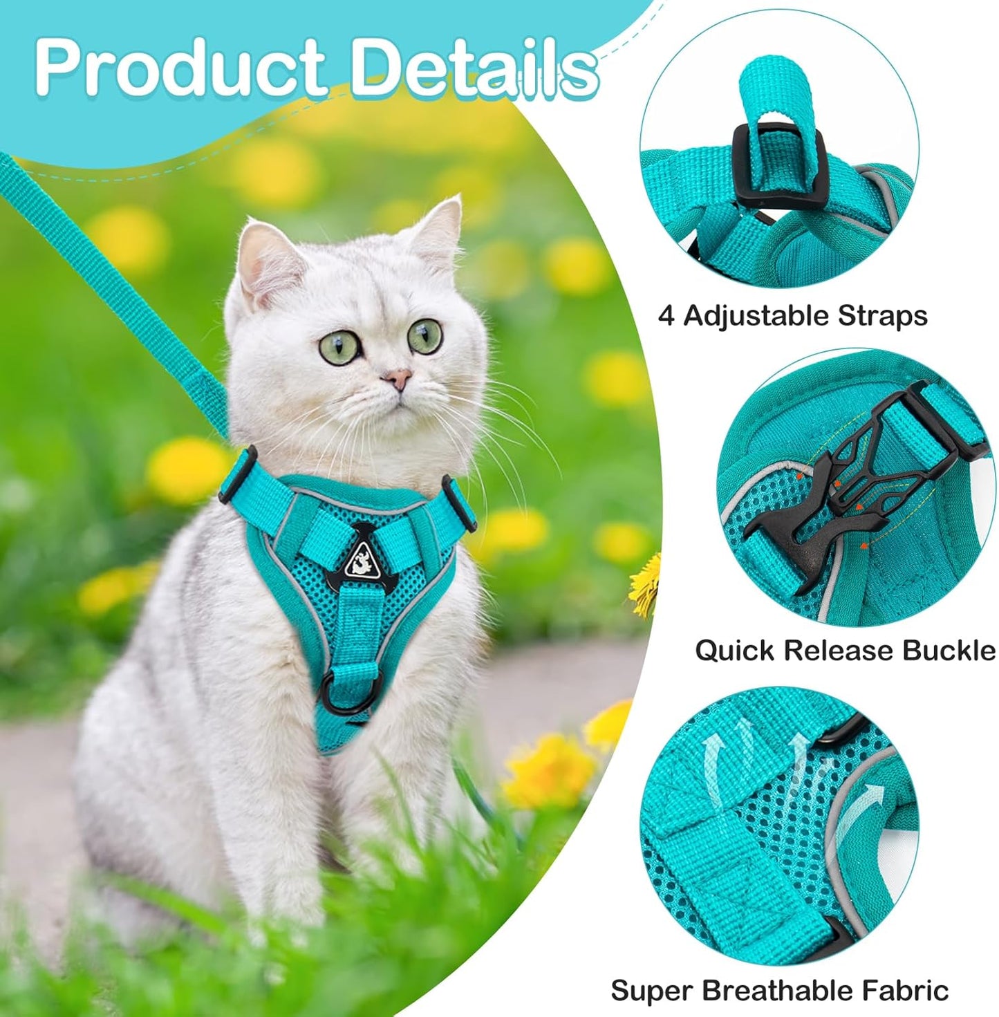Cat Harness and Leash for Walking Soft Cat Harness Escape Proof, Adjustable Kitten Harness Cat Leash Reflective Strips Jacket, Breathable Cat Vest Harness Set for Kitten Easy to Wear Outdoor Walking