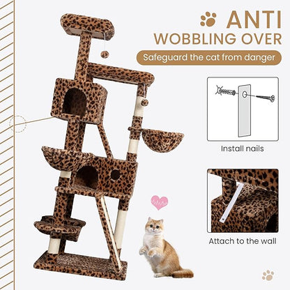 SHA CERLIN 65in Larger Cat Tree Tower Condo for Indoor Kitties/Multi-Level Furniture Activity Center with Wide Base/Cozy Plush Cat Perches/Baskets/Sisal Scratching Posts and Hammock/Leopard Print