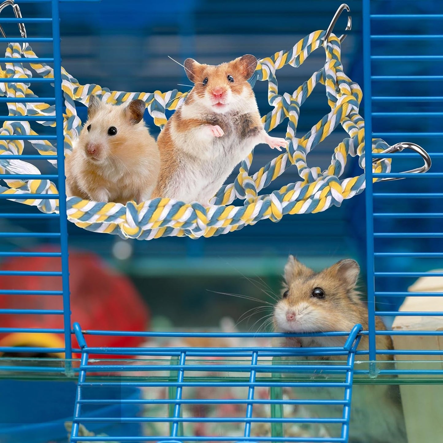 2 Pcs Rat Climbing Ropes for Cage Rat Cage Accessories Bird Rope Rat Toys for Pet 12.6 x 9.84 inch Hammock Hamster Cotton Rope Bridge Bird Ladder with 4 Silver Hooks（Yellow）