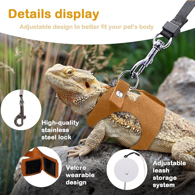 Bearded Dragon Leash and Harness Set - 3-Size Adjustable Soft Leather Vest with Retractable Leash, Easy-Wear Design(Brown, 3M)