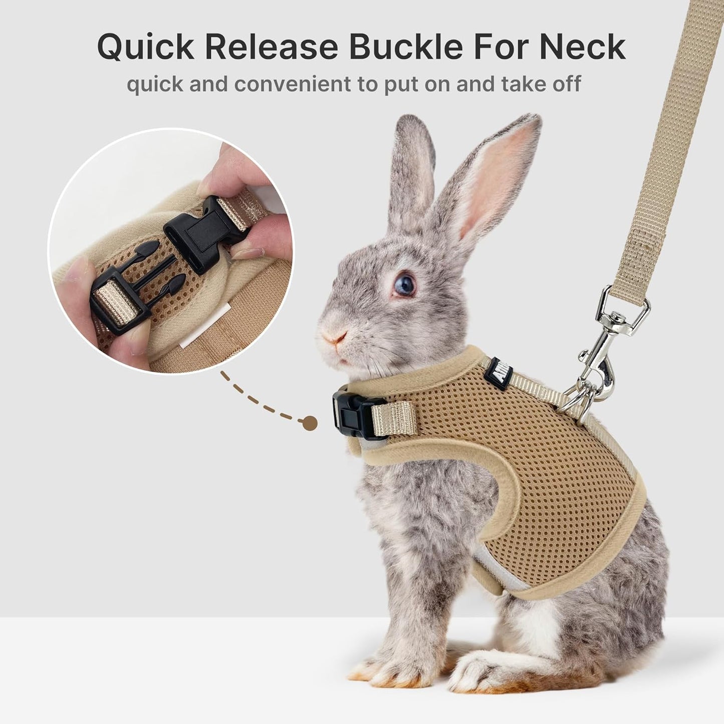 AIITLE Adjustable Rabbit and Leash Set - Lightweight & Portable, Padded Vest with Magic Tape Design, Indoor/Outdoor Use (Training, Hiking) - Fits Hamsters, Rats, Iguanas, Puppies, Cats, Khaki M