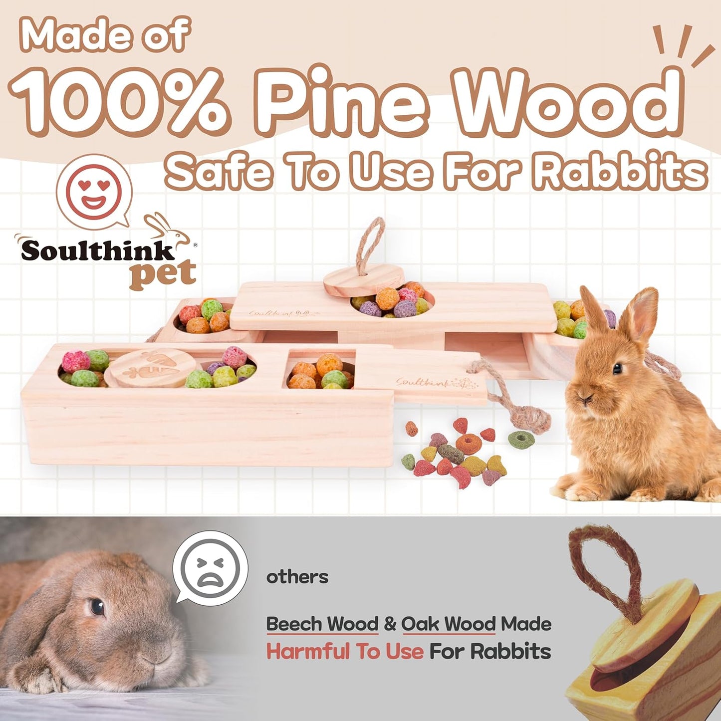 Interactive Wooden Pet Sniff n' Snack Rabbit Chew Toys - Chinchilla & Rabbit Enrichment Toys for Boredom (2 Set)