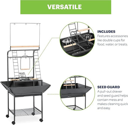 Prevue Pet Products Small Parrot Playstand with Wheels, Bird Stand Activity Play Center with Perches and Ladders, Indoor Outdoor Playground for Birds with Swing, Black Hammertone Finish