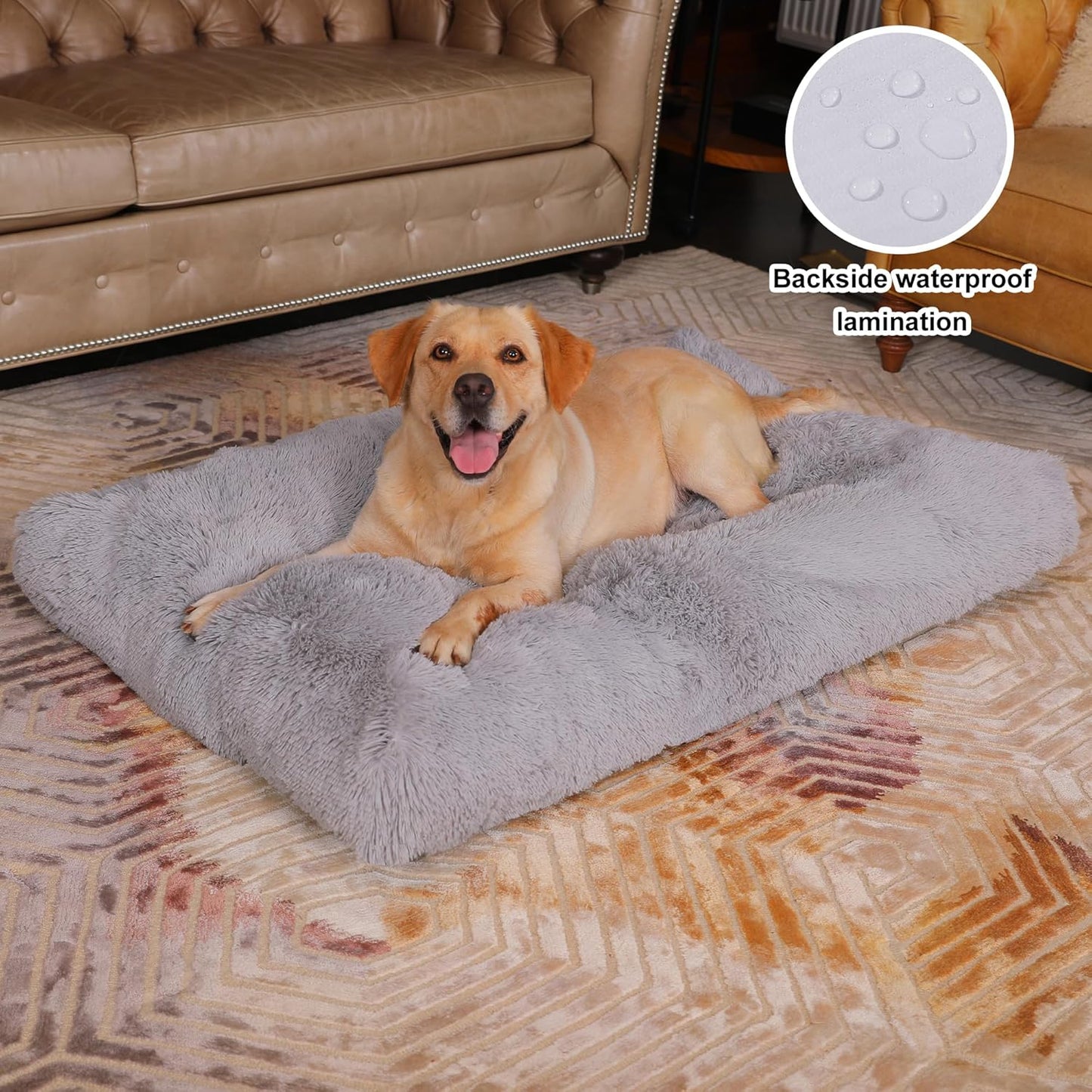 Bedfolks Waterproof Dog Crate Pad, Extra Large, Plush Faux Fur Washable Dog Kennel Bed 41"x27", Solid Light Grey