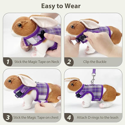 AIITLE Adjustable Bunny Harness & Leash Set - Soft Mesh Liner, Comfort Fit Plaid Pattern Vest with Magic Tape Design, Portable for Small Animal Pets Rat Squirrel Ferret Puppy Cat, Purple L