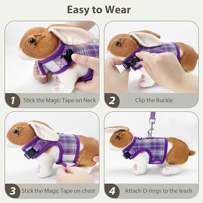 AIITLE Breathable Rabbit Harness and Leash Set - Plaid Pattern Padded Vest with Magic Tape Design, Dual D-Rings, Adjustable for Small Animal Pets, Indoor Outdoor Training Camping, Purple M