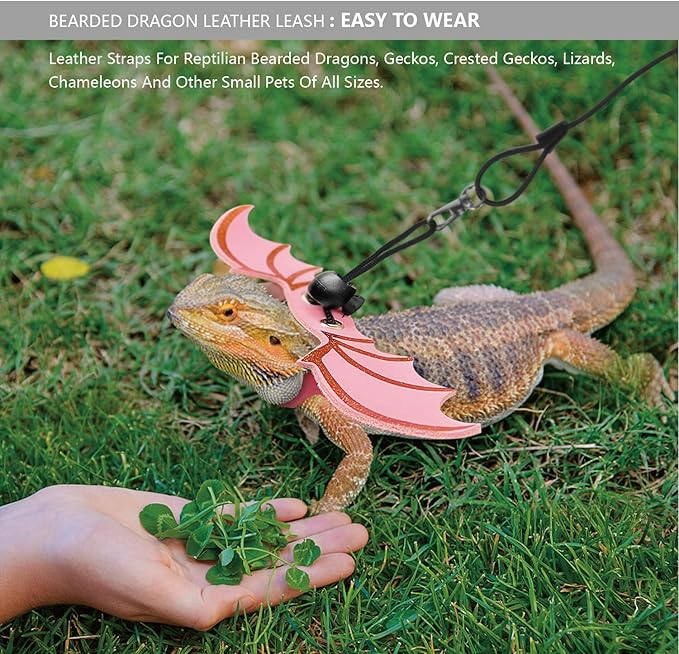 Bearded Dragon Leash and Harness Set, Beardie Carrier, Lizard Adjustable Harness with Leather Wings and Sling Bag, Reptile Small Pet Backpack Batwing Accessories (Pink)
