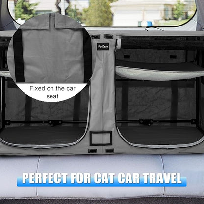 Huge Sapce Double Compartment Cat Travel Carrier with Litter Box & Homack | Cat Show Kennel Cage Crate with Mat & Water Bottle