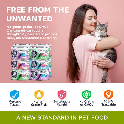 Pure Cravings Pate, Canned Wet Cat Food, 100% Mercury-Tested, Moist Can Fish, Grain-Free Protein, Non-GMO, Variety Pack of 12-3X Tuna/Salmon, 3X Tuna/Pumpkin, 3X Tuna/Sardine, 3X Salmon/Sardine