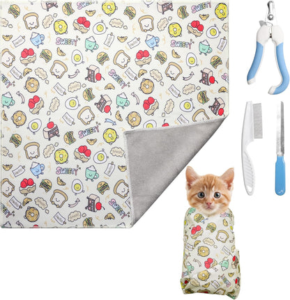 21.6 Inches Cat Wrap for Cutting Nails, Self-Adhesive Restraint Cloth for Cats Multifunctional Cat Grooming Wrap with Pet Nail Clipper, File and Pet Hairbrush