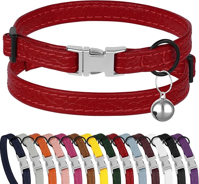Leather Cat Collar with Buckle and Removable Bell - Non Breakaway Adjustable Soft Safety Small Pet Collars for Girl Boy Cats Kitten (Red)